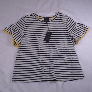 W5 Women’s Striped Flutter Sleeve Top Navy White w/ Yellow Trim Size Medium NWT